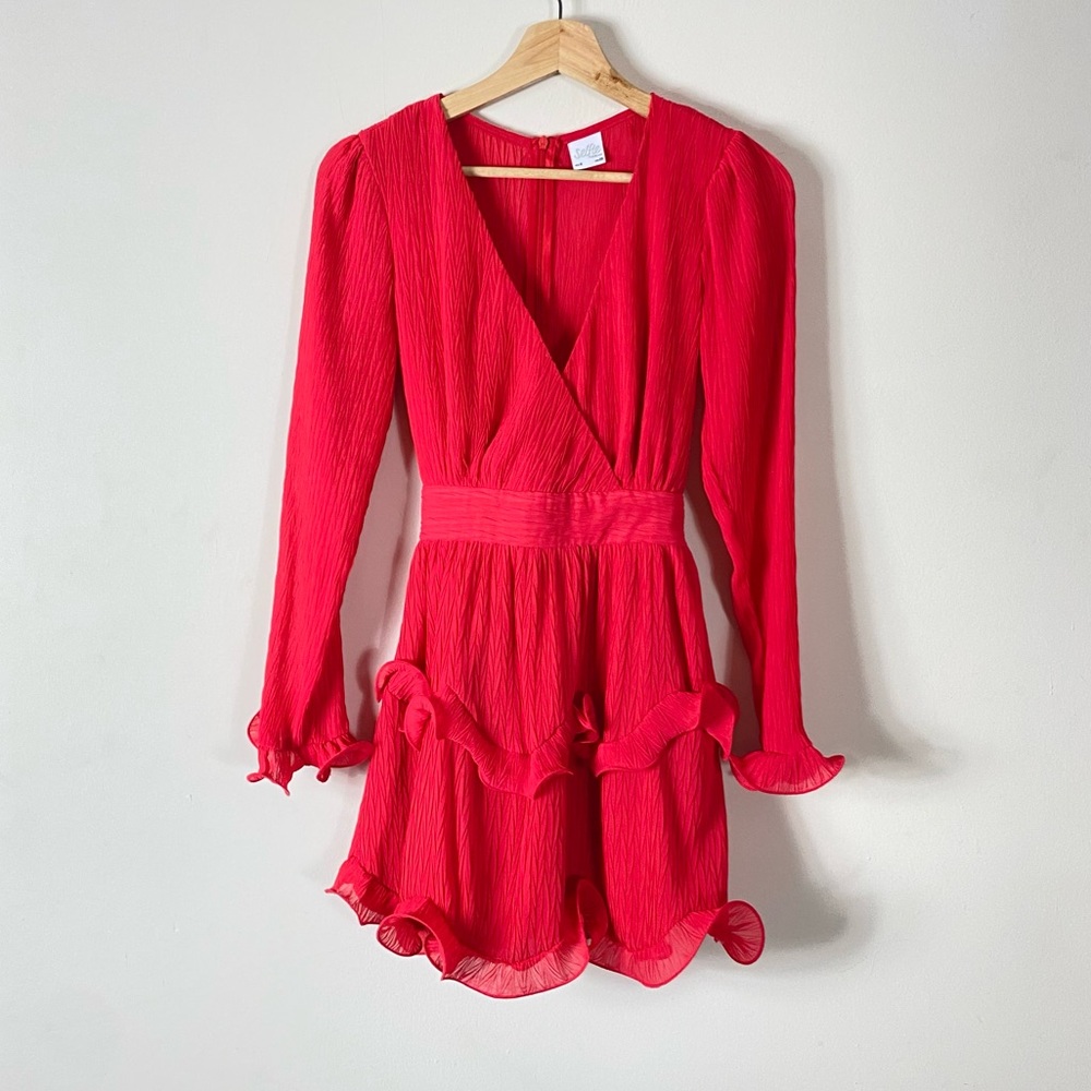 Selfie Leslie Red Ruffle Hem Long Sleeve V Neck Mini Dress - XS